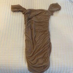 Tan Off-Shoulder Mini Dress